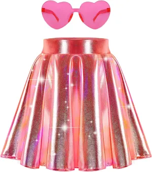 eccbox Girls Metallic Skirt Sparkle Shiny Dance Disco Flared Pleated A-Line Mini Skater Skirts with Sunglasses