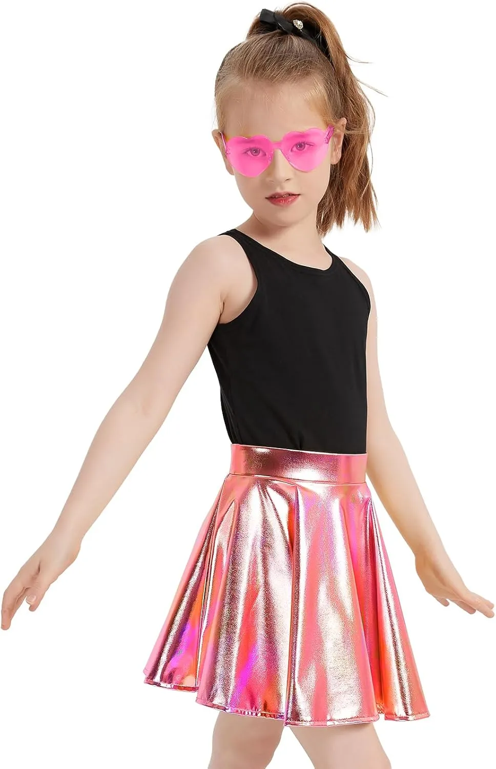 eccbox Girls Metallic Skirt Sparkle Shiny Dance Disco Flared Pleated A-Line Mini Skater Skirts with Sunglasses