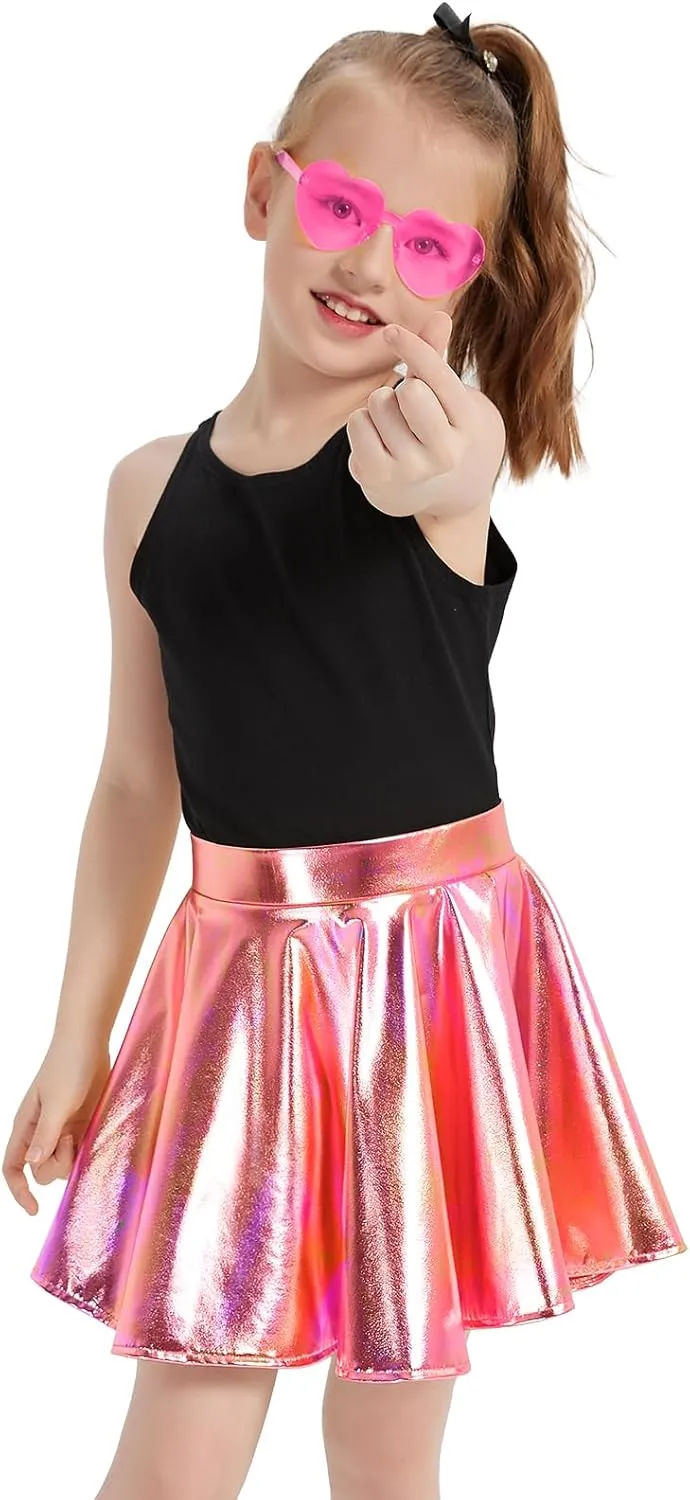 eccbox Girls Metallic Skirt Sparkle Shiny Dance Disco Flared Pleated A-Line Mini Skater Skirts with Sunglasses