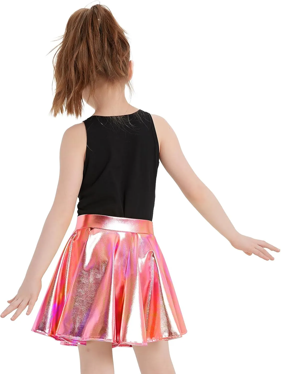 eccbox Girls Metallic Skirt Sparkle Shiny Dance Disco Flared Pleated A-Line Mini Skater Skirts with Sunglasses