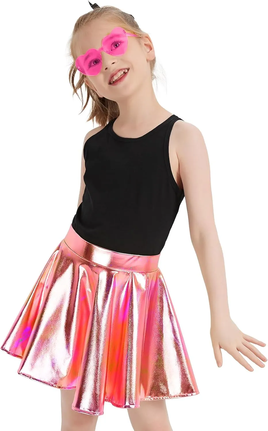 eccbox Girls Metallic Skirt Sparkle Shiny Dance Disco Flared Pleated A-Line Mini Skater Skirts with Sunglasses
