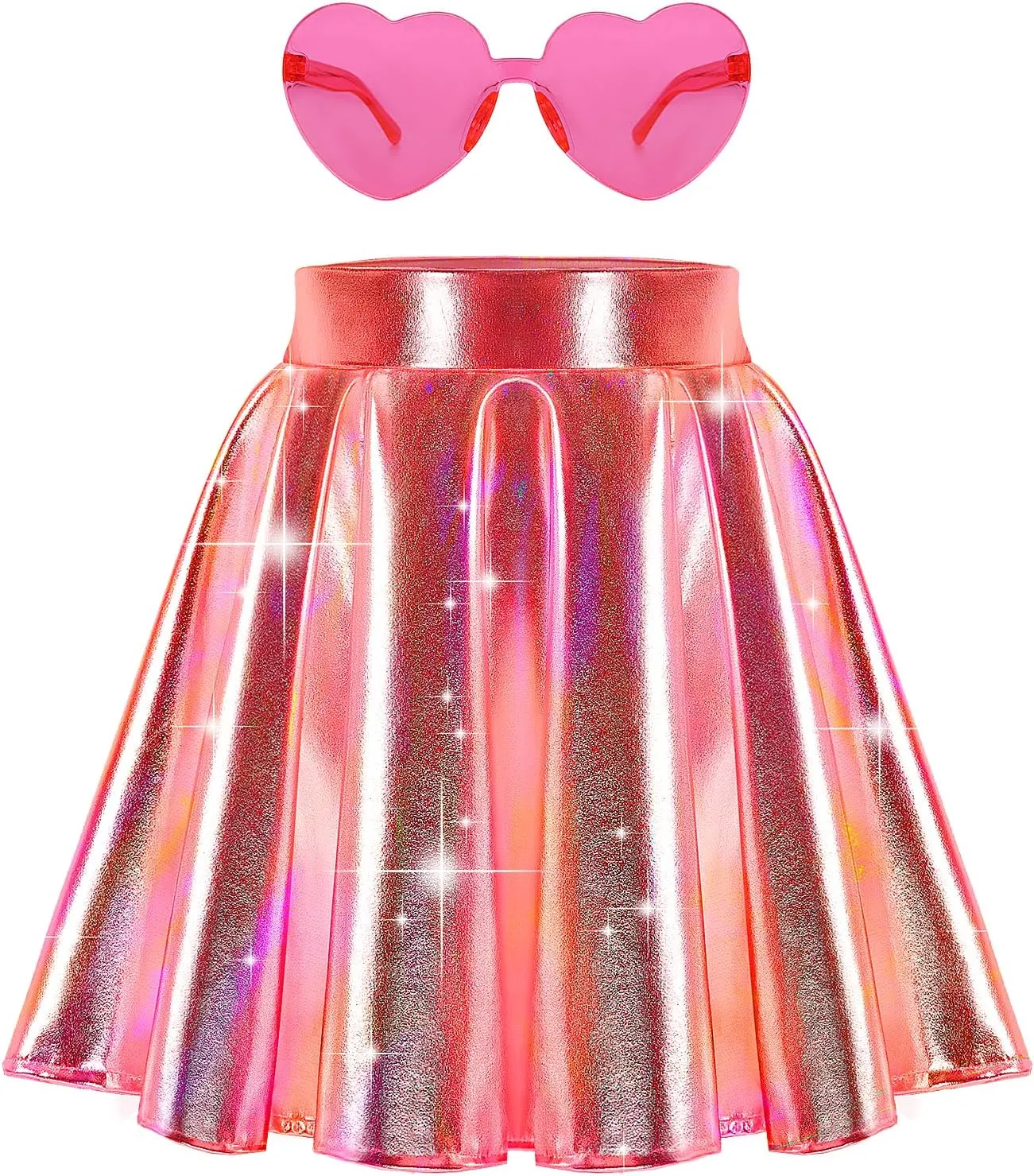 eccbox Girls Metallic Skirt Sparkle Shiny Dance Disco Flared Pleated A-Line Mini Skater Skirts with Sunglasses