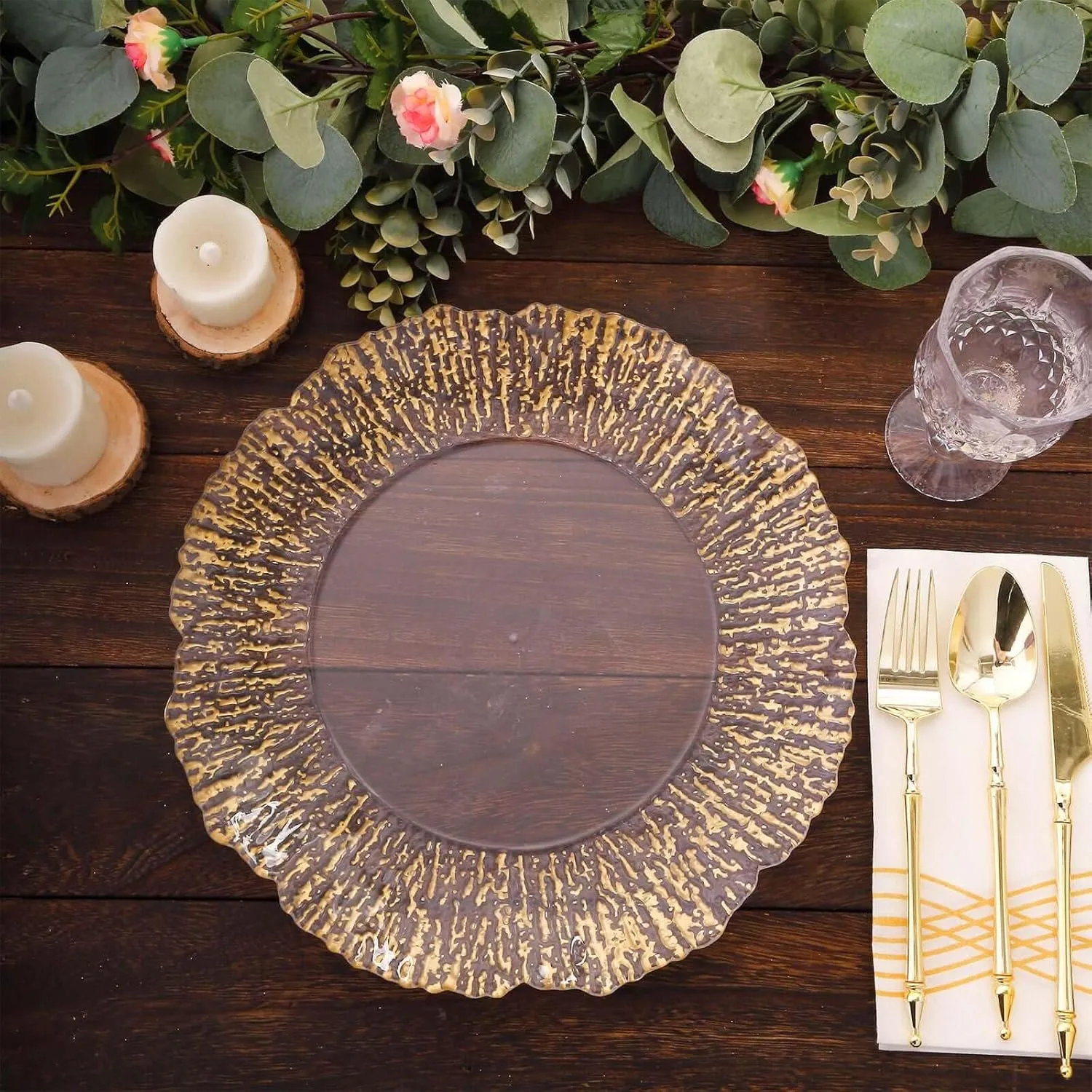 Efavormart 6 Pack Clear Plastic Charger Plates With Gold Reef Rim, 12" Round Scalloped Disposable Serving Plates