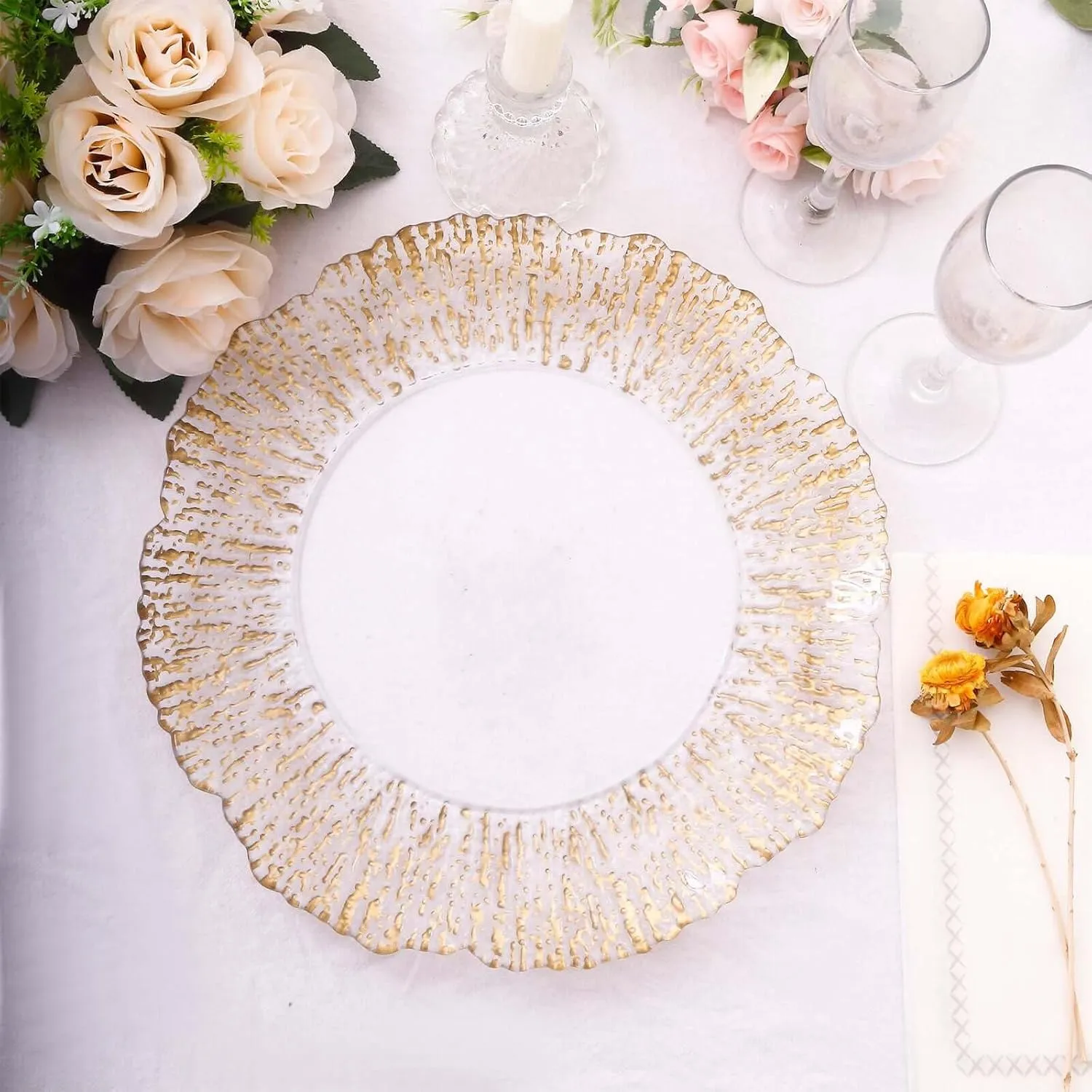 Efavormart 6 Pack Clear Plastic Charger Plates With Gold Reef Rim, 12" Round Scalloped Disposable Serving Plates