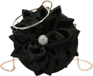 EFTCAL Women Silk Round 3D Rose Flower Handbag,Rhinestone Metal Handle Evening Bag Wedding Party Prom Purse Shoulder Bag