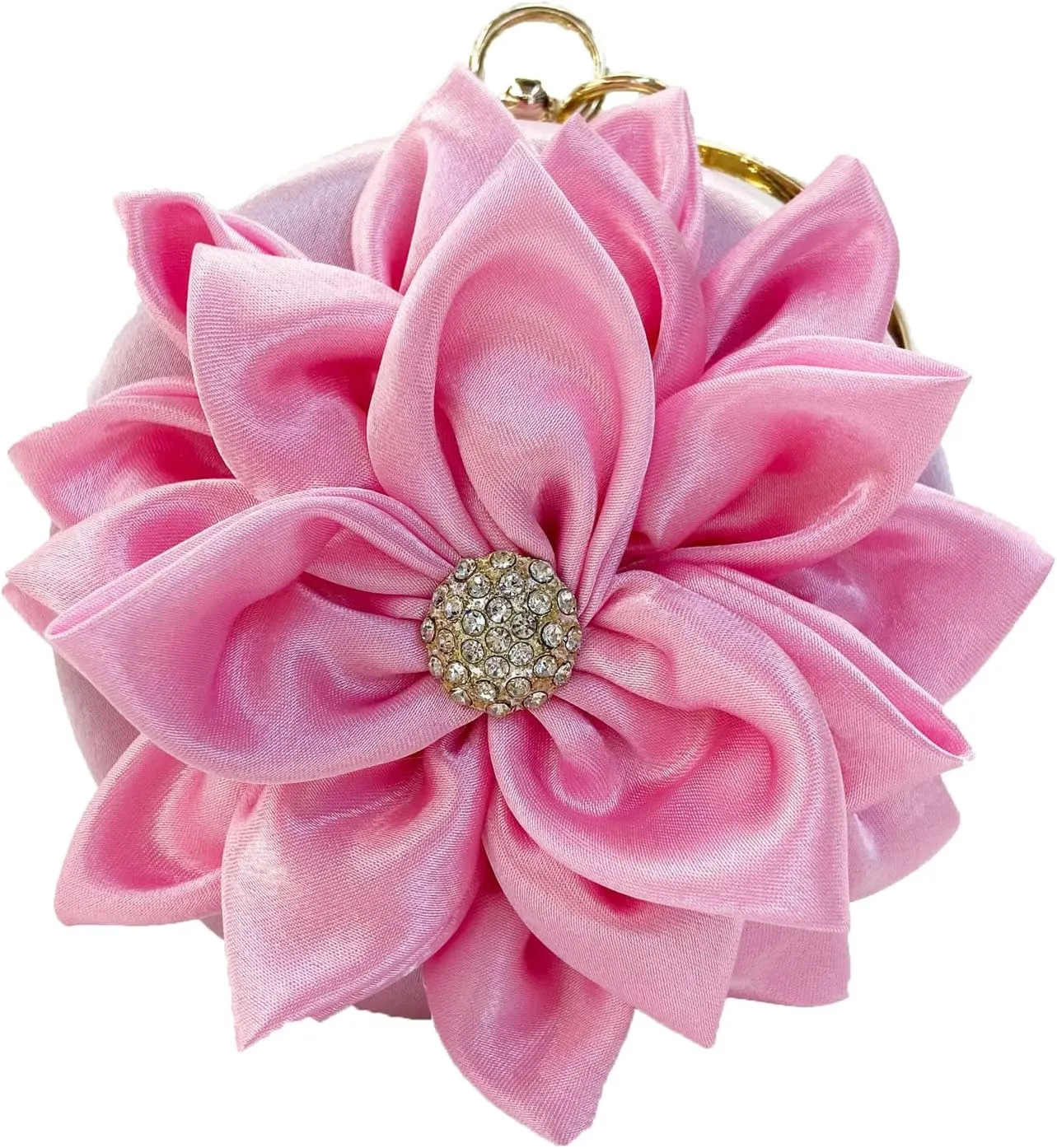 EFTCAL Women Silk Round 3D Rose Flower Handbag,Rhinestone Metal Handle Evening Bag Wedding Party Prom Purse Shoulder Bag