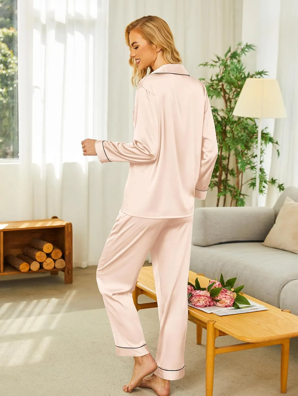 Ekouaer Silk Satin Pajamas Women's Long Sleeve Pj Set Soft Button Down 2 Piece Sleepwear Loungewear S-XXL