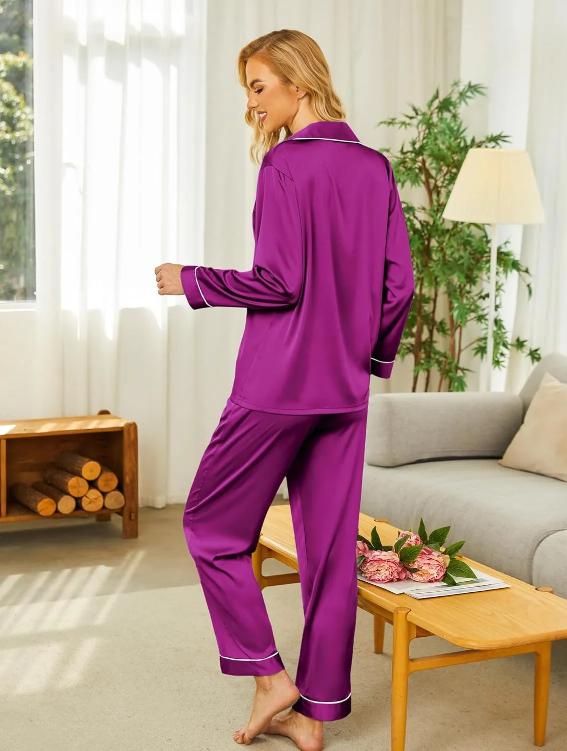 Ekouaer Silk Satin Pajamas Women's Long Sleeve Pj Set Soft Button Down 2 Piece Sleepwear Loungewear S-XXL