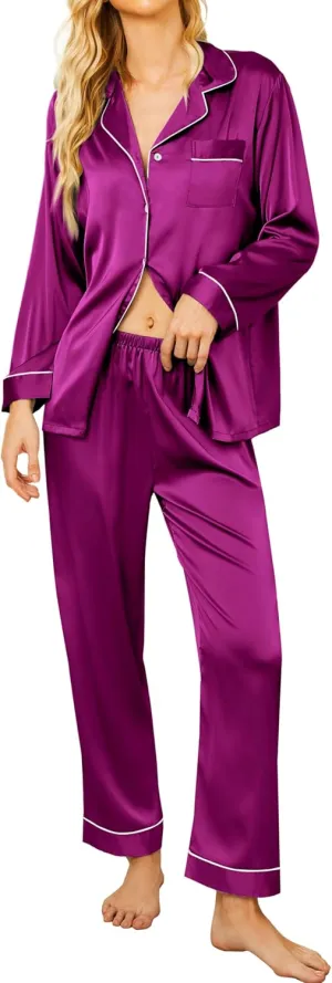 Ekouaer Silk Satin Pajamas Women's Long Sleeve Pj Set Soft Button Down 2 Piece Sleepwear Loungewear S-XXL