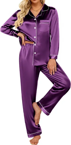 Ekouaer Silk Satin Pajamas Women's Long Sleeve Pj Set Soft Button Down 2 Piece Sleepwear Loungewear S-XXL