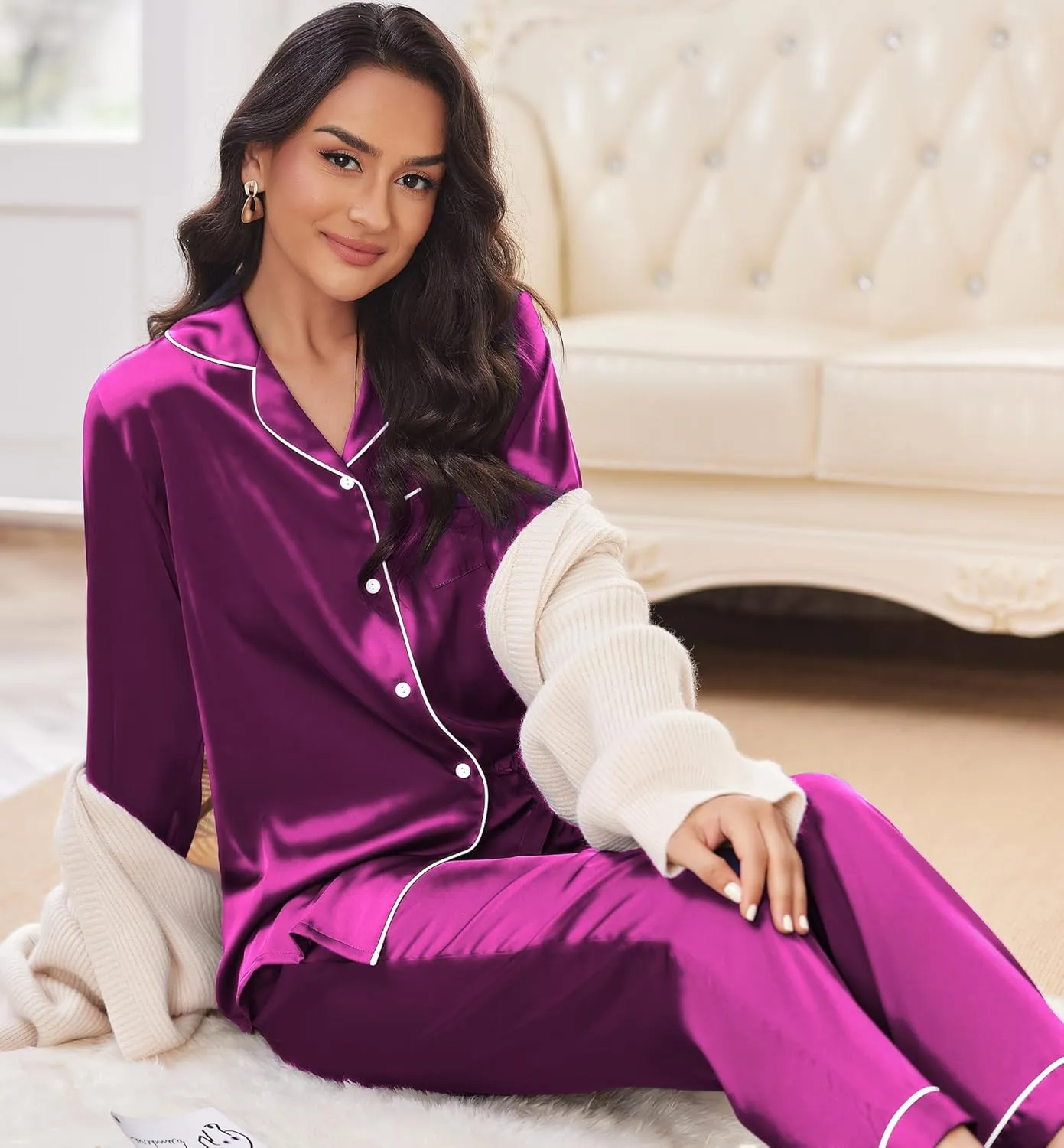 Ekouaer Silk Satin Pajamas Women's Long Sleeve Pj Set Soft Button Down 2 Piece Sleepwear Loungewear S-XXL