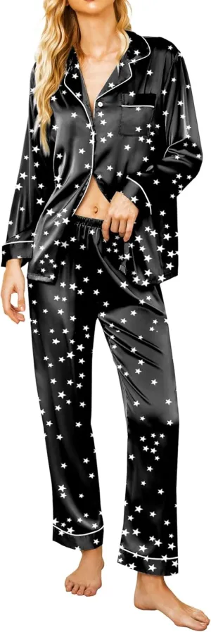 Ekouaer Silk Satin Pajamas Women's Long Sleeve Pj Set Soft Button Down 2 Piece Sleepwear Loungewear S-XXL