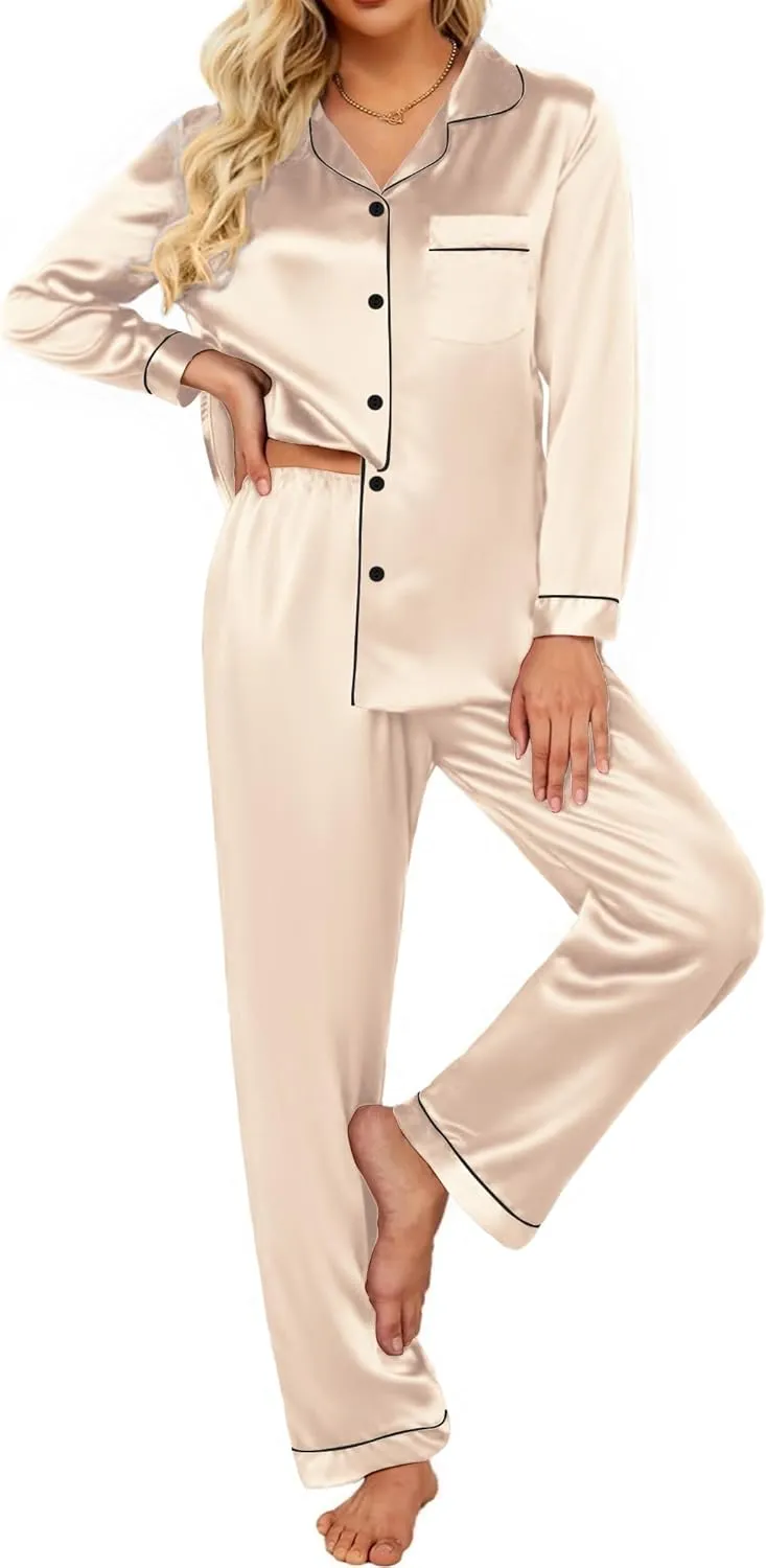 Ekouaer Silk Satin Pajamas Women's Long Sleeve Pj Set Soft Button Down 2 Piece Sleepwear Loungewear S-XXL