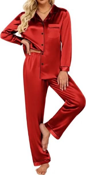 Ekouaer Silk Satin Pajamas Women's Long Sleeve Pj Set Soft Button Down 2 Piece Sleepwear Loungewear S-XXL