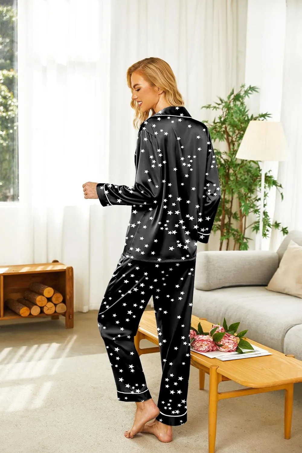 Ekouaer Silk Satin Pajamas Women's Long Sleeve Pj Set Soft Button Down 2 Piece Sleepwear Loungewear S-XXL