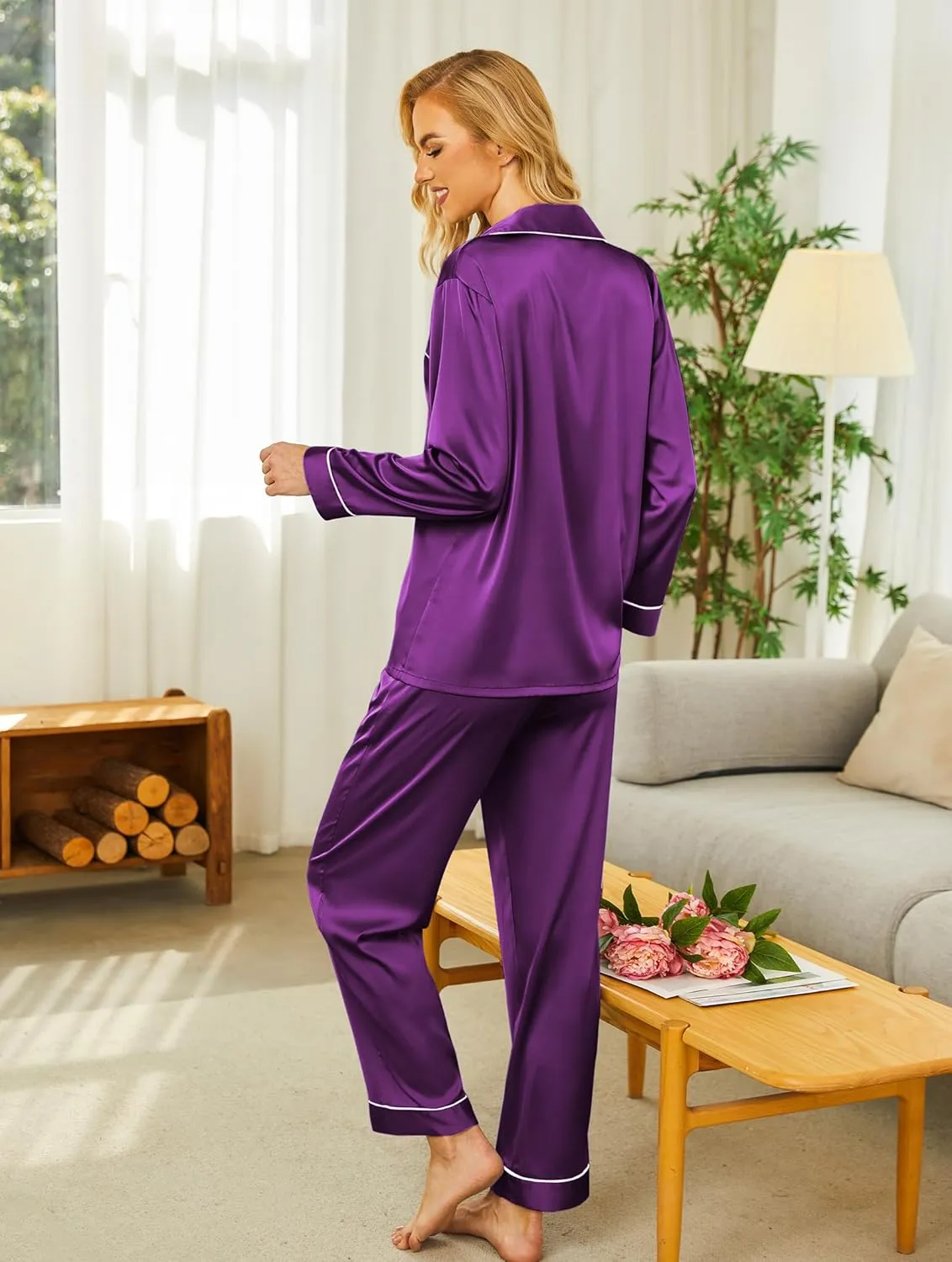 Ekouaer Silk Satin Pajamas Women's Long Sleeve Pj Set Soft Button Down 2 Piece Sleepwear Loungewear S-XXL