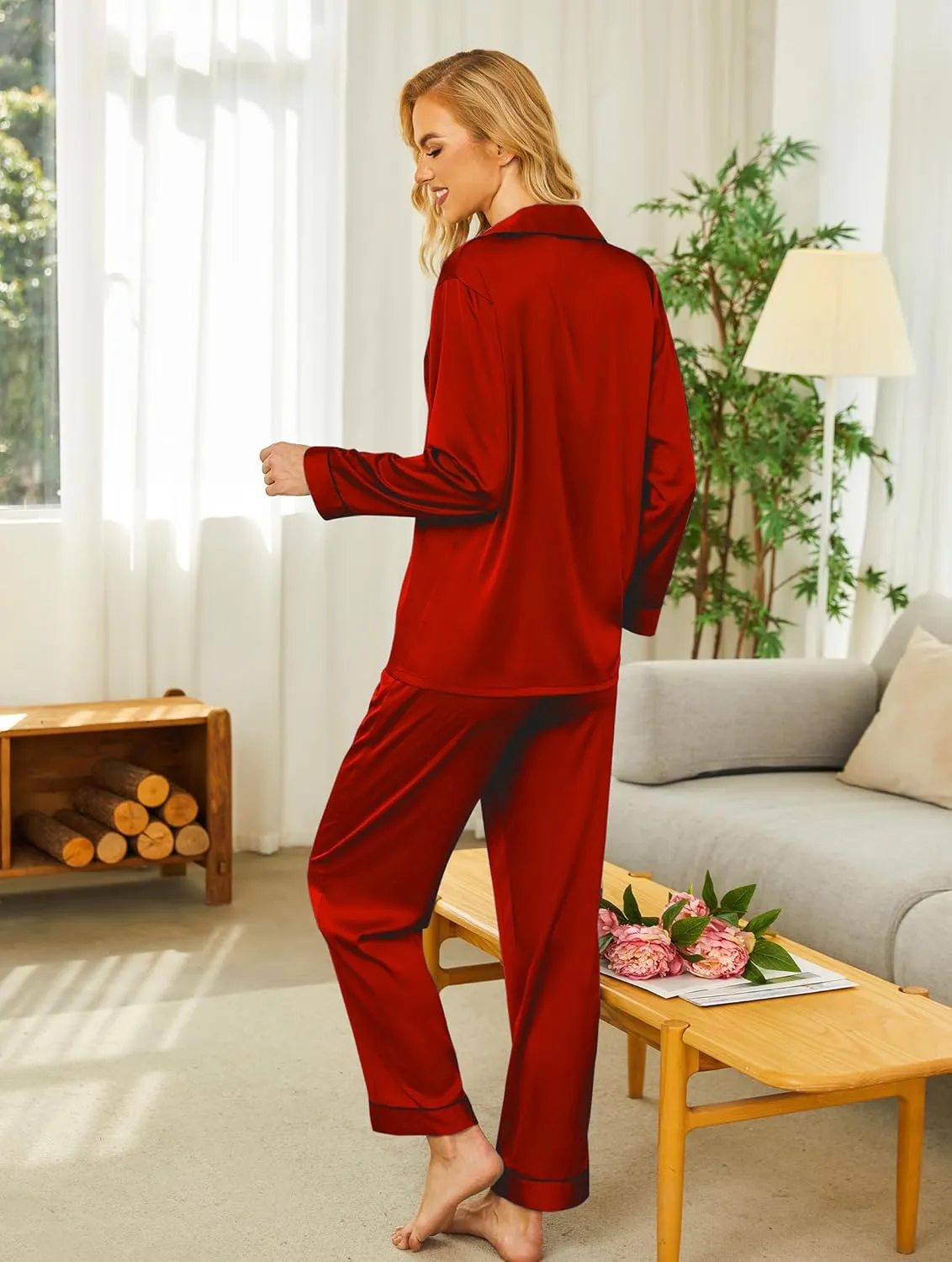 Ekouaer Silk Satin Pajamas Women's Long Sleeve Pj Set Soft Button Down 2 Piece Sleepwear Loungewear S-XXL