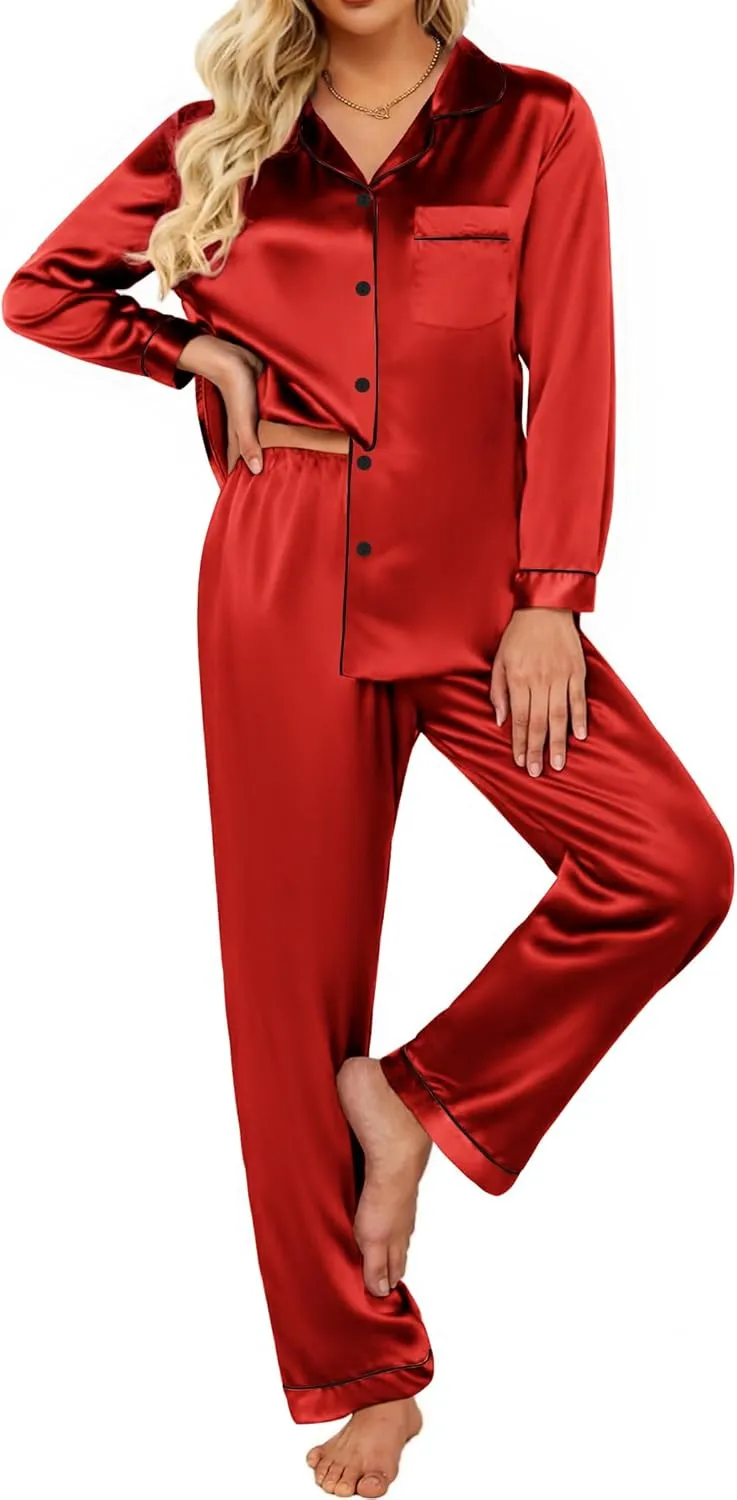 Ekouaer Silk Satin Pajamas Women's Long Sleeve Pj Set Soft Button Down 2 Piece Sleepwear Loungewear S-XXL