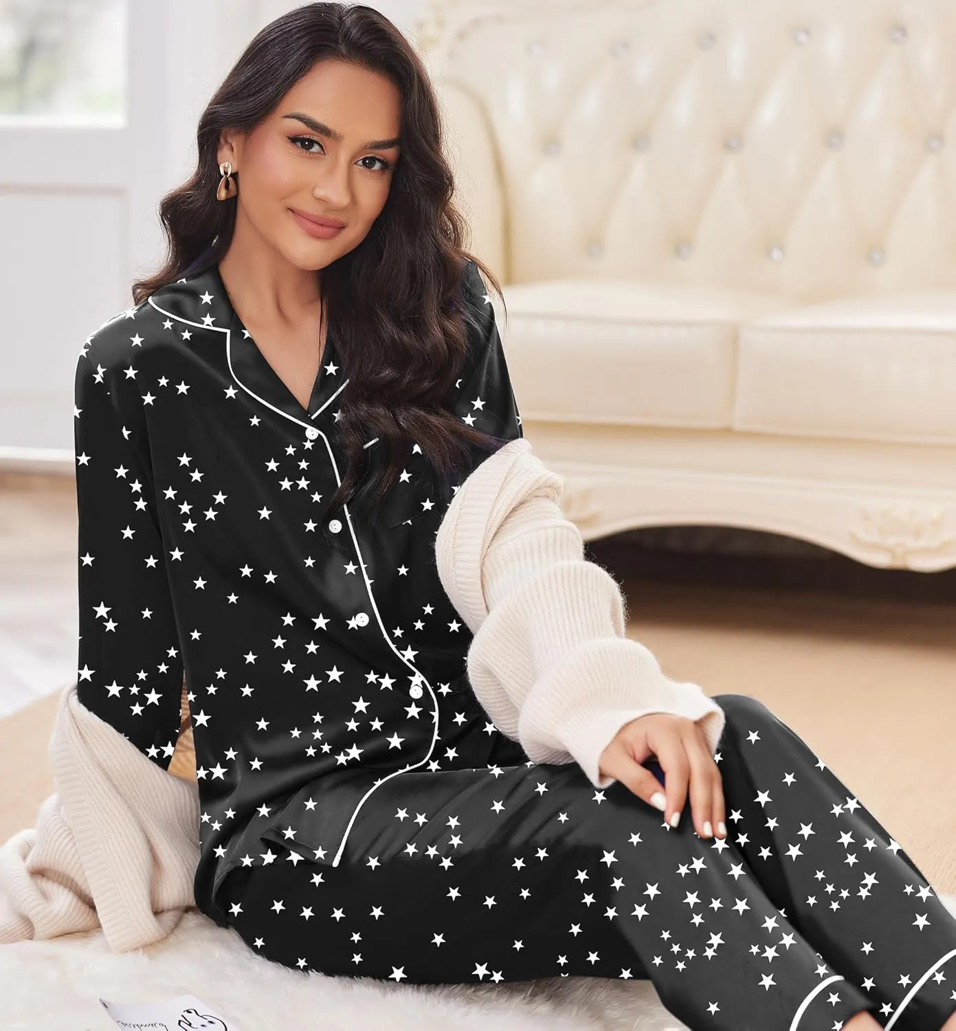 Ekouaer Silk Satin Pajamas Women's Long Sleeve Pj Set Soft Button Down 2 Piece Sleepwear Loungewear S-XXL