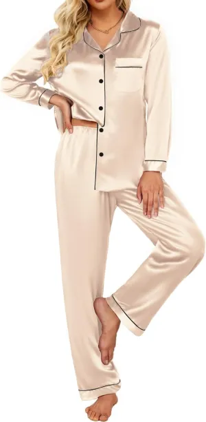 Ekouaer Silk Satin Pajamas Women's Long Sleeve Pj Set Soft Button Down 2 Piece Sleepwear Loungewear S-XXL