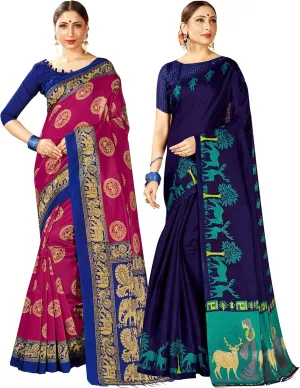 Elina fashion Pack of Two Sarees for Women Mysore Art Silk Printed Indian Diwali Sari || Wedding Gift Saree Combo