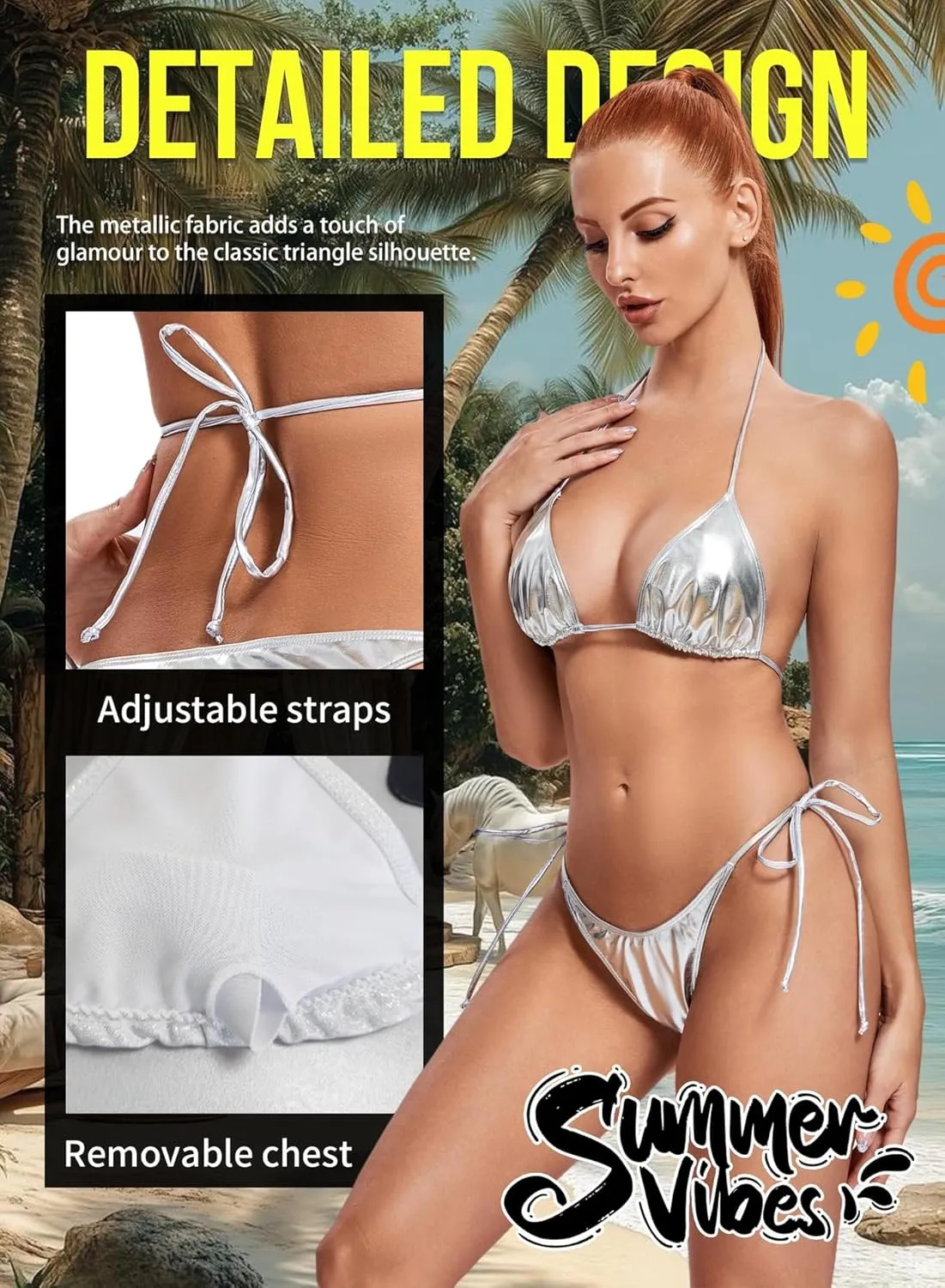 Ella Lust Metallic Bikini for Women - Silver Bathing Suit High Waisted Tie Side Thong Bottom Triangle Top Shiny Swimsuit