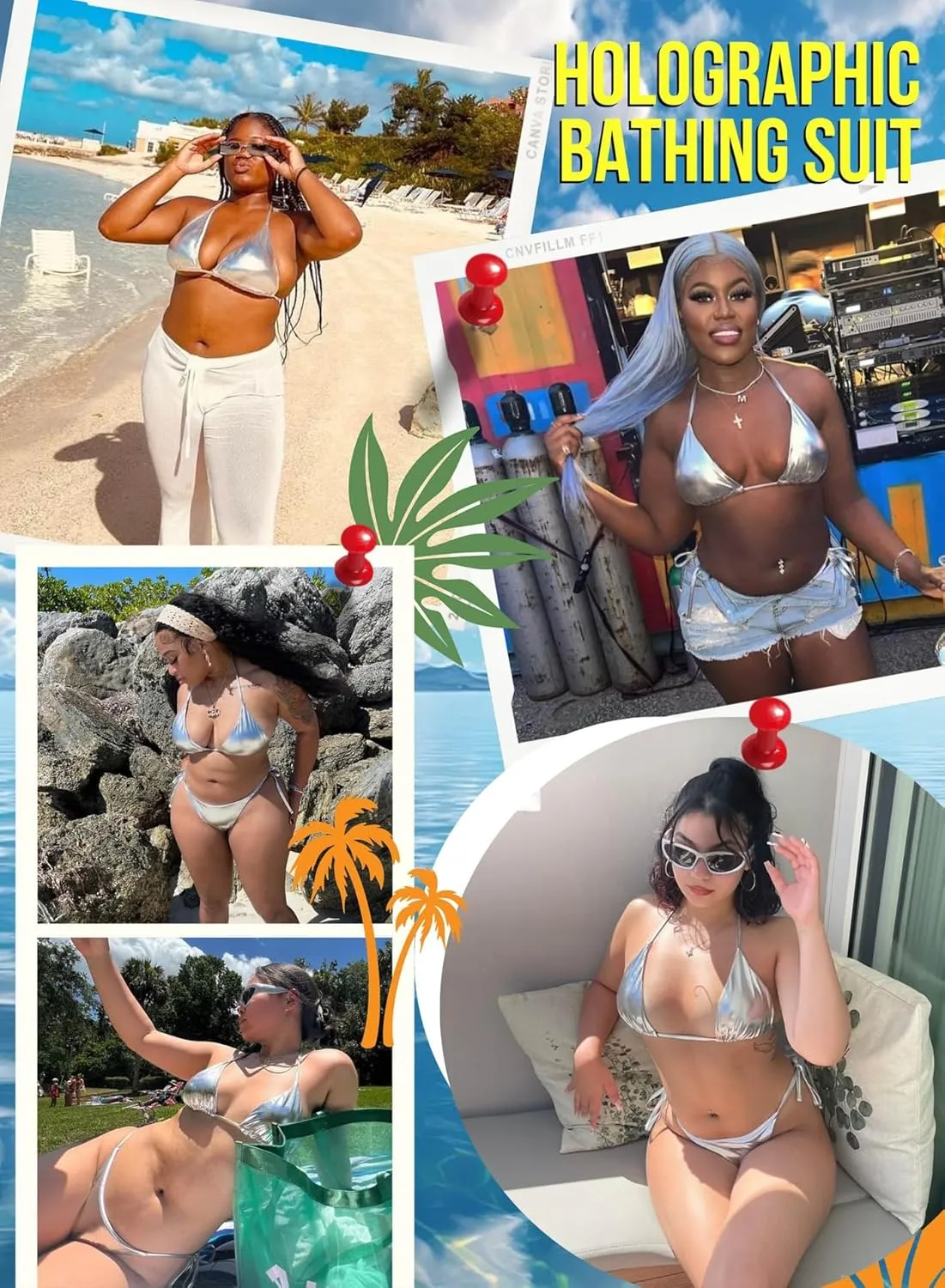 Ella Lust Metallic Bikini for Women - Silver Bathing Suit High Waisted Tie Side Thong Bottom Triangle Top Shiny Swimsuit