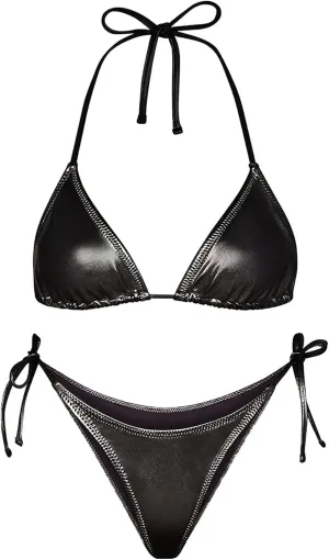 Ella Lust Metallic Bikini for Women - Silver Bathing Suit High Waisted Tie Side Thong Bottom Triangle Top Shiny Swimsuit