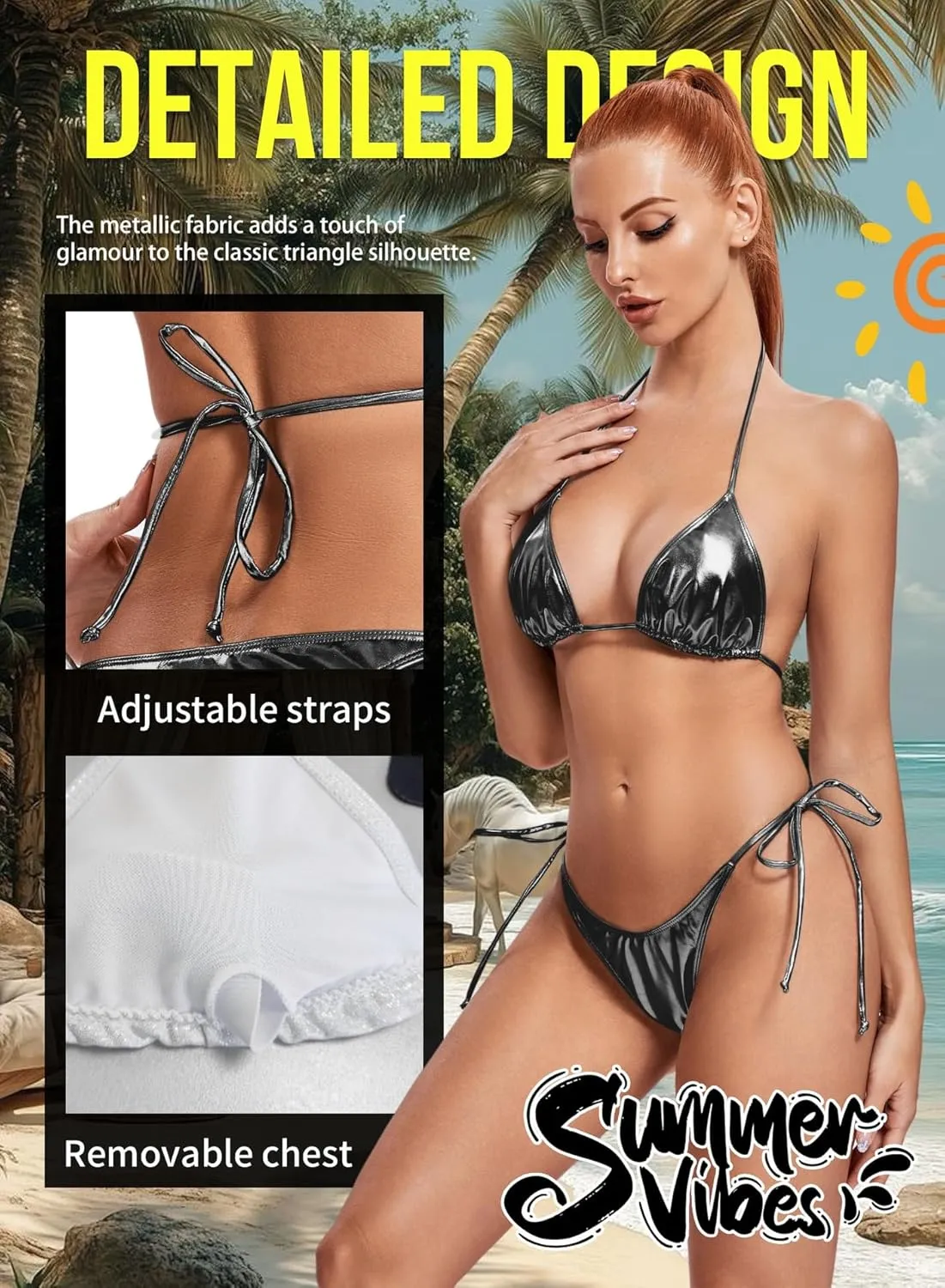 Ella Lust Metallic Bikini for Women - Silver Bathing Suit High Waisted Tie Side Thong Bottom Triangle Top Shiny Swimsuit