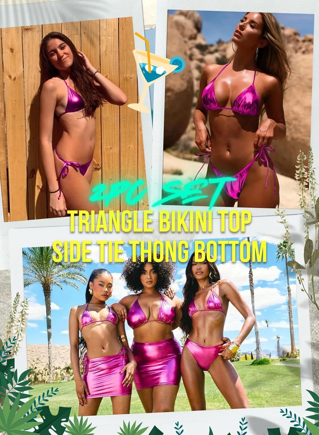 Ella Lust Metallic Bikini for Women - Silver Bathing Suit High Waisted Tie Side Thong Bottom Triangle Top Shiny Swimsuit