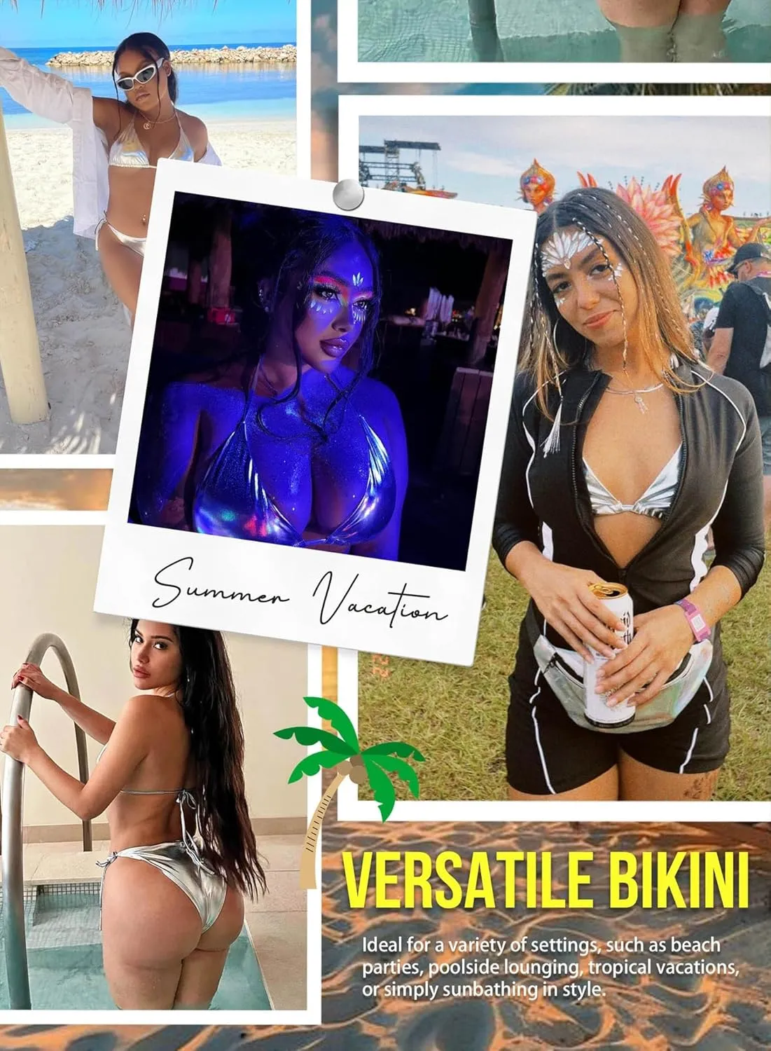 Ella Lust Metallic Bikini for Women - Silver Bathing Suit High Waisted Tie Side Thong Bottom Triangle Top Shiny Swimsuit