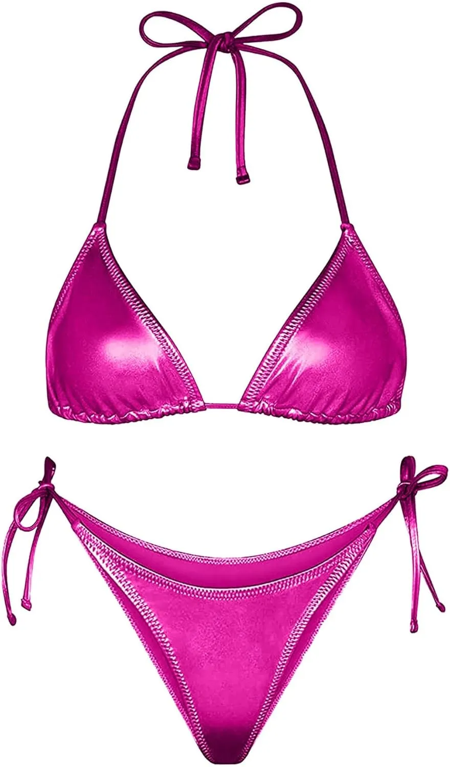 Ella Lust Metallic Bikini for Women - Silver Bathing Suit High Waisted Tie Side Thong Bottom Triangle Top Shiny Swimsuit