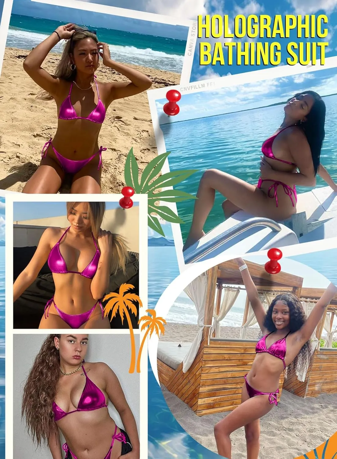 Ella Lust Metallic Bikini for Women - Silver Bathing Suit High Waisted Tie Side Thong Bottom Triangle Top Shiny Swimsuit