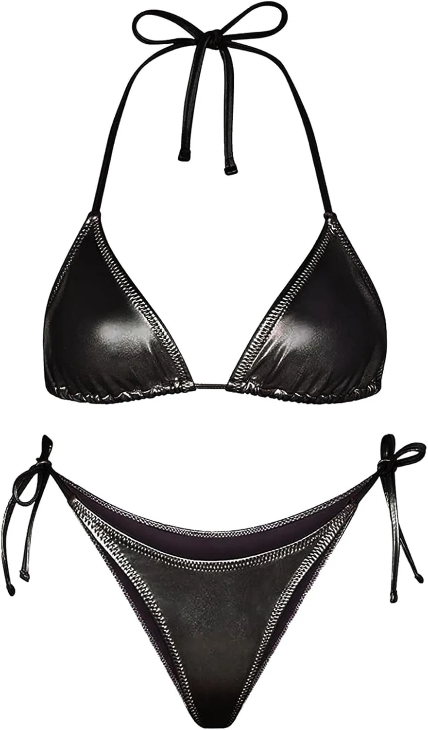 Ella Lust Metallic Bikini for Women - Silver Bathing Suit High Waisted Tie Side Thong Bottom Triangle Top Shiny Swimsuit