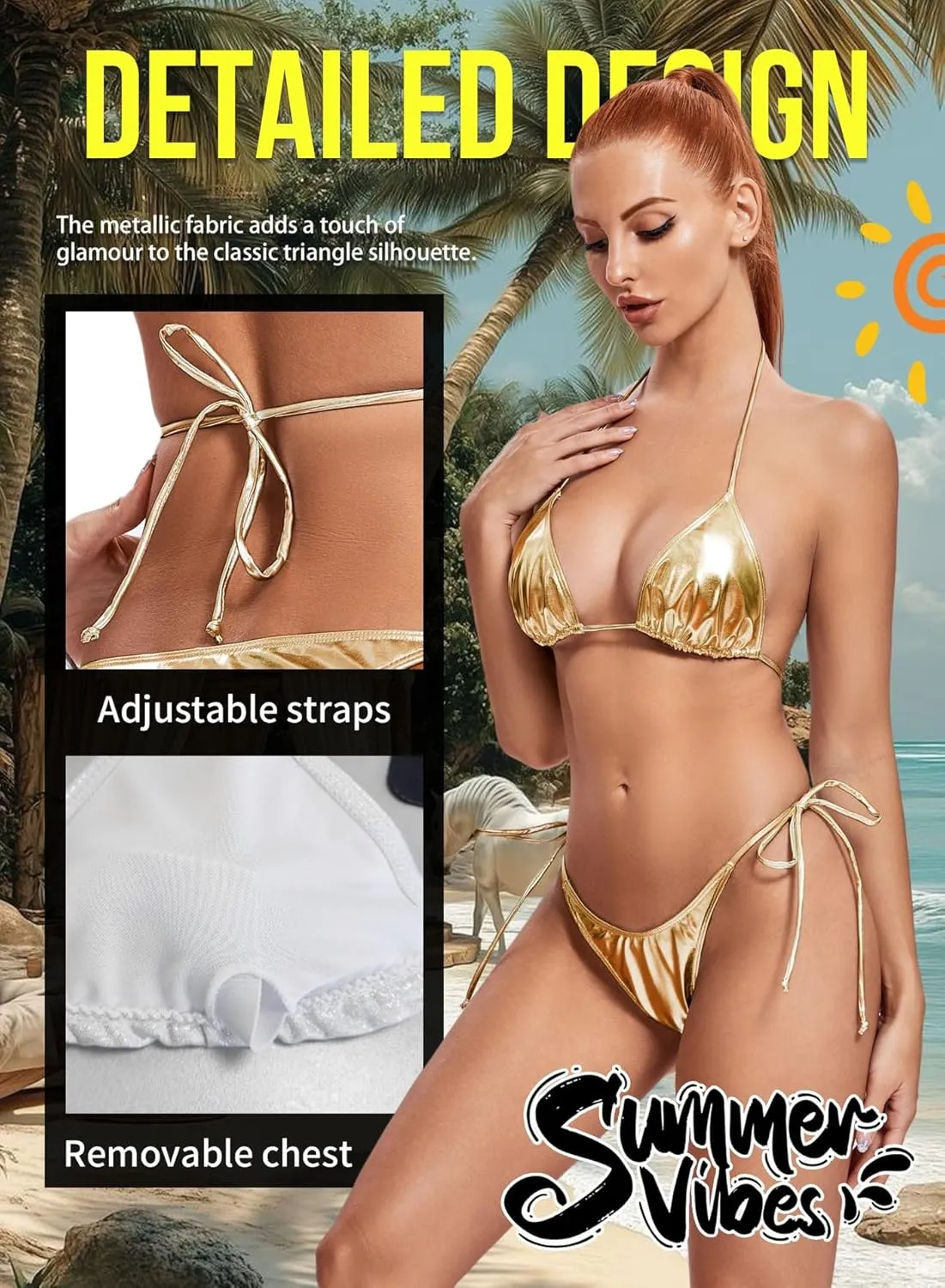 Ella Lust Metallic Bikini for Women - Silver Bathing Suit High Waisted Tie Side Thong Bottom Triangle Top Shiny Swimsuit