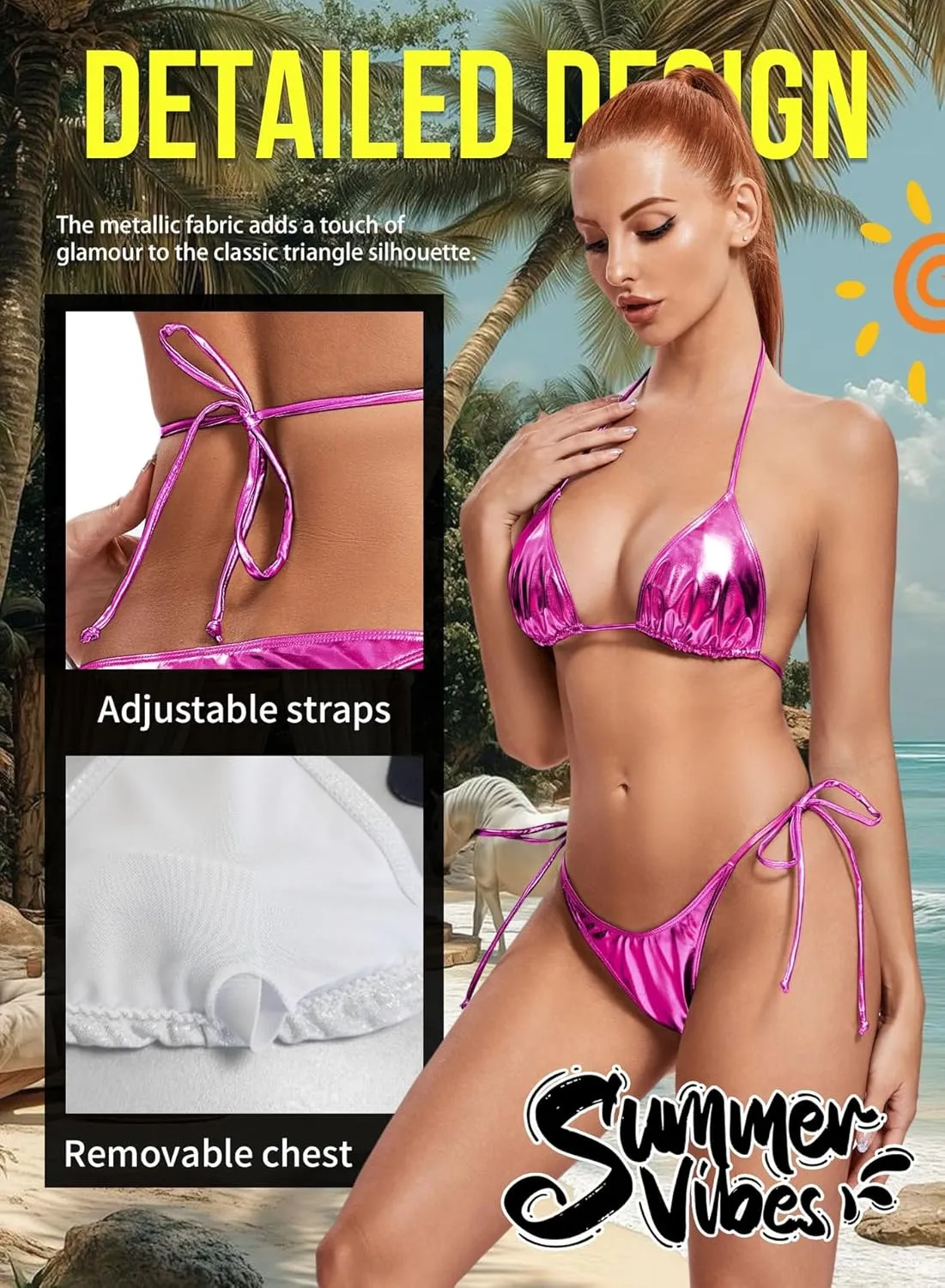 Ella Lust Metallic Bikini for Women - Silver Bathing Suit High Waisted Tie Side Thong Bottom Triangle Top Shiny Swimsuit