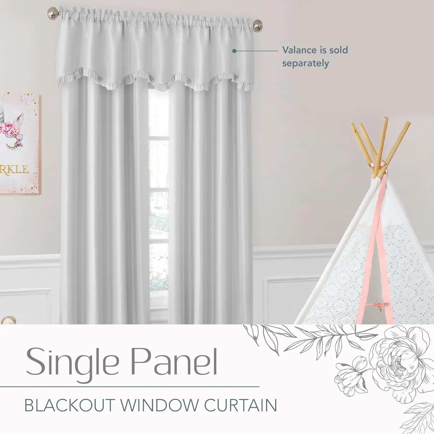 Elrene Home Fashions Adelaide Nursery and Kids Room Room-Darkening Window Curtain, Single Panel, 52 Inches x 63 Inches, Pearl Gray
