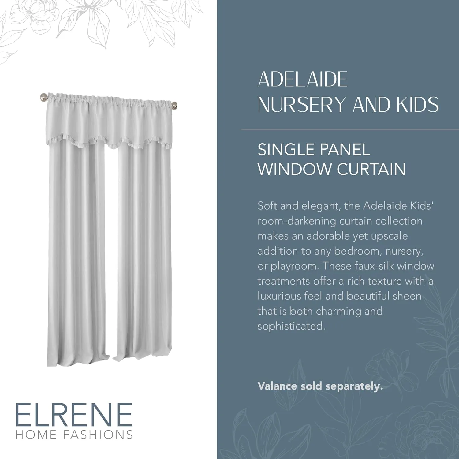 Elrene Home Fashions Adelaide Nursery and Kids Room Room-Darkening Window Curtain, Single Panel, 52 Inches x 63 Inches, Pearl Gray