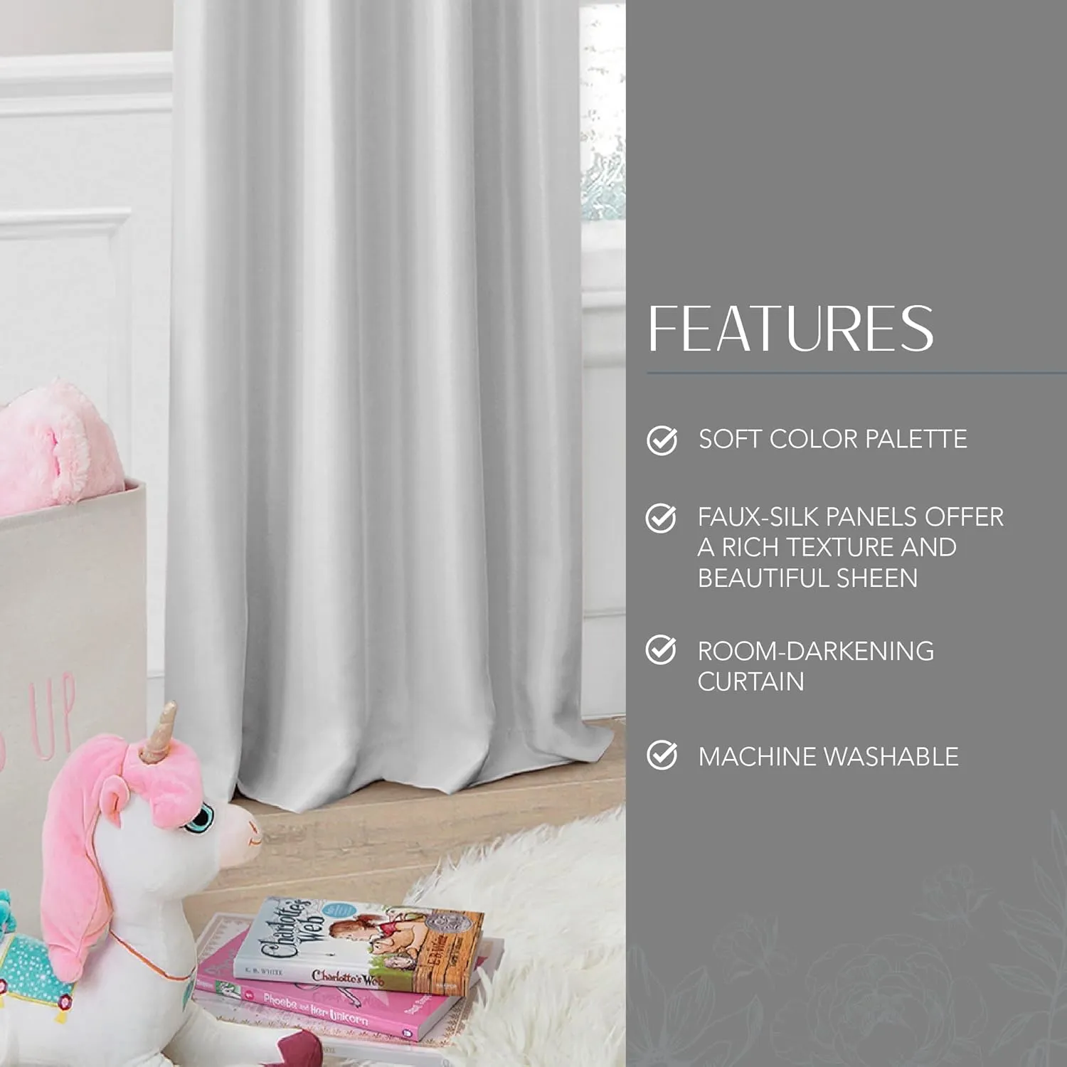 Elrene Home Fashions Adelaide Nursery and Kids Room Room-Darkening Window Curtain, Single Panel, 52 Inches x 63 Inches, Pearl Gray