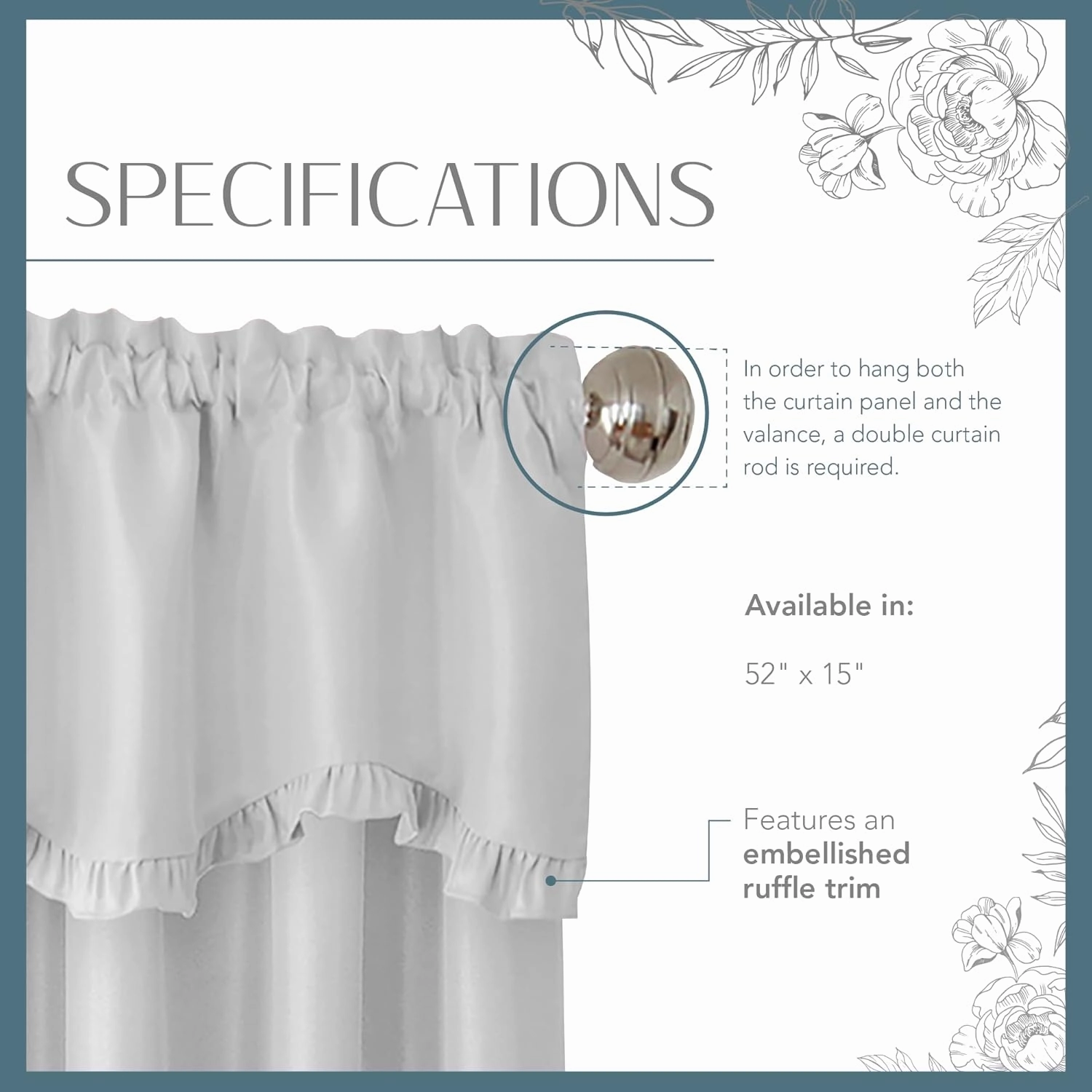 Elrene Home Fashions Adelaide Nursery and Kids Room Ruffled Window Valance, 15 Inches x 52 Inches, Pearl Gray