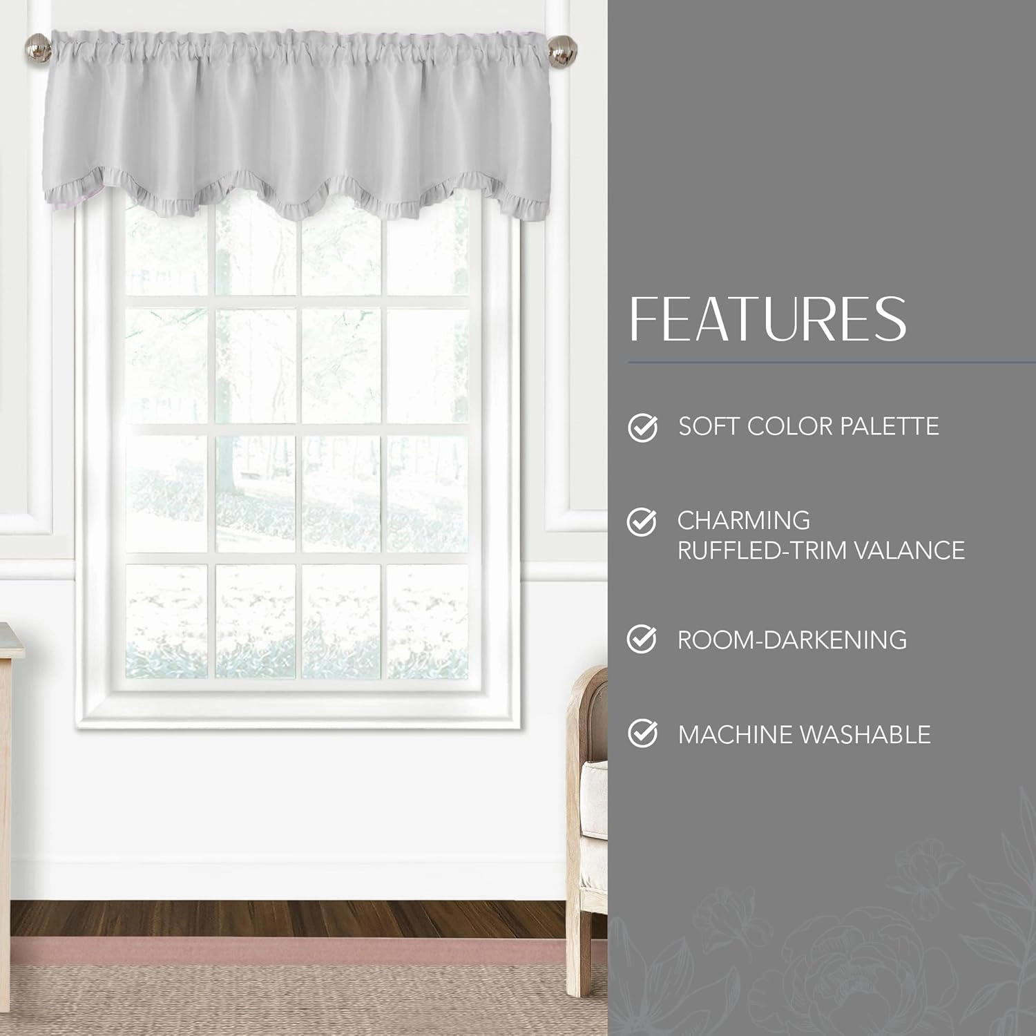 Elrene Home Fashions Adelaide Nursery and Kids Room Ruffled Window Valance, 15 Inches x 52 Inches, Pearl Gray