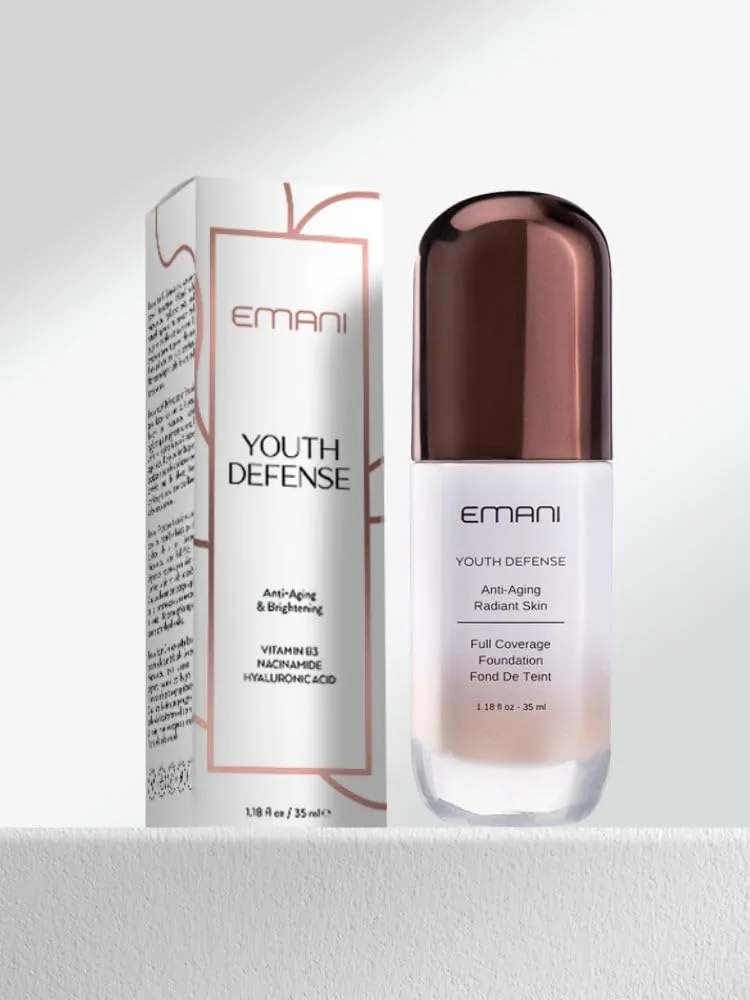 Emani Youth Defense Foundation with Hyaluronic Acid - Anti-Aging, Full Coverage - Protects Face and Brightens Skin Discoloration, Medium