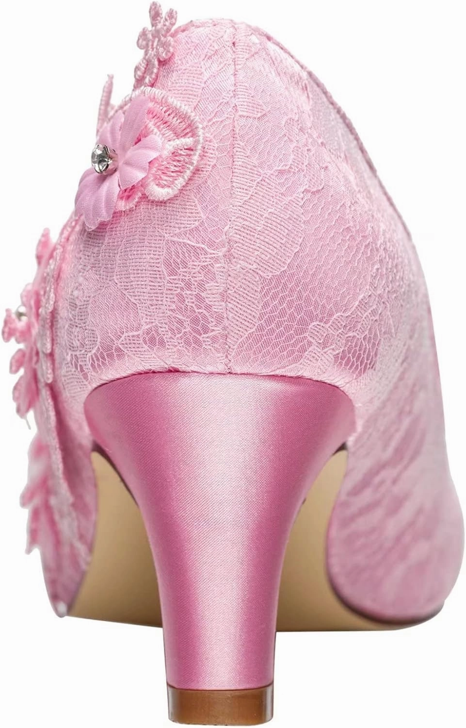 Emily Bridal Wedding Shoes Women's Silk Like Satin Chunky Heel Pumps with Stitching Lace Flower Crystal Pearl