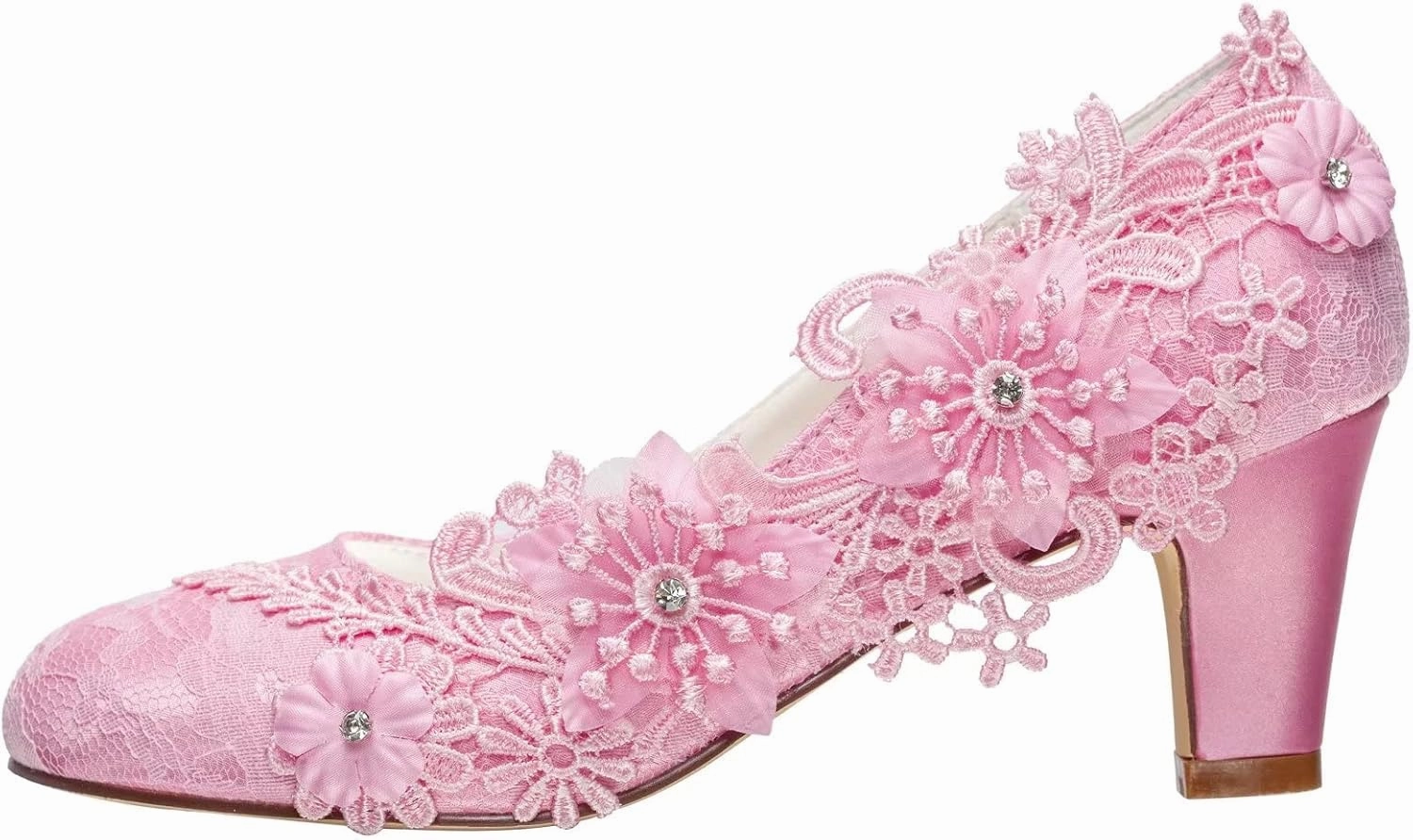 Emily Bridal Wedding Shoes Women's Silk Like Satin Chunky Heel Pumps with Stitching Lace Flower Crystal Pearl