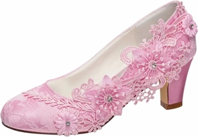 Emily Bridal Wedding Shoes Women's Silk Like Satin Chunky Heel Pumps with Stitching Lace Flower Crystal Pearl