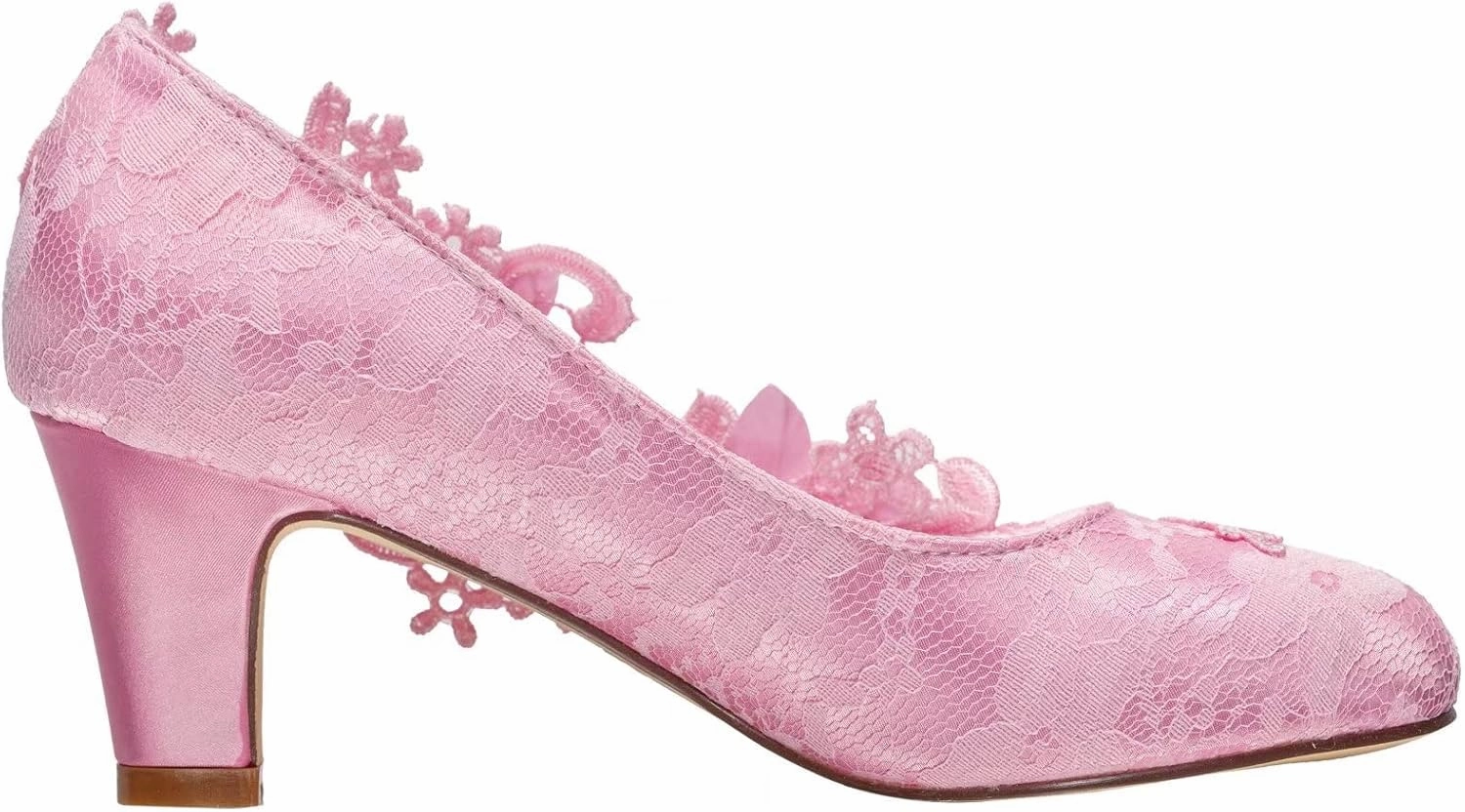 Emily Bridal Wedding Shoes Women's Silk Like Satin Chunky Heel Pumps with Stitching Lace Flower Crystal Pearl