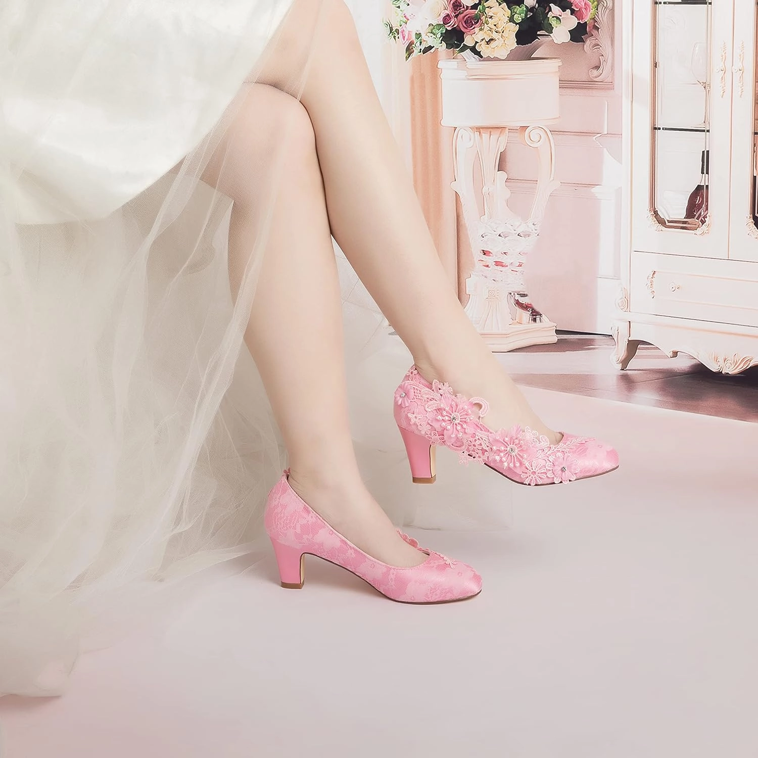 Emily Bridal Wedding Shoes Women's Silk Like Satin Chunky Heel Pumps with Stitching Lace Flower Crystal Pearl