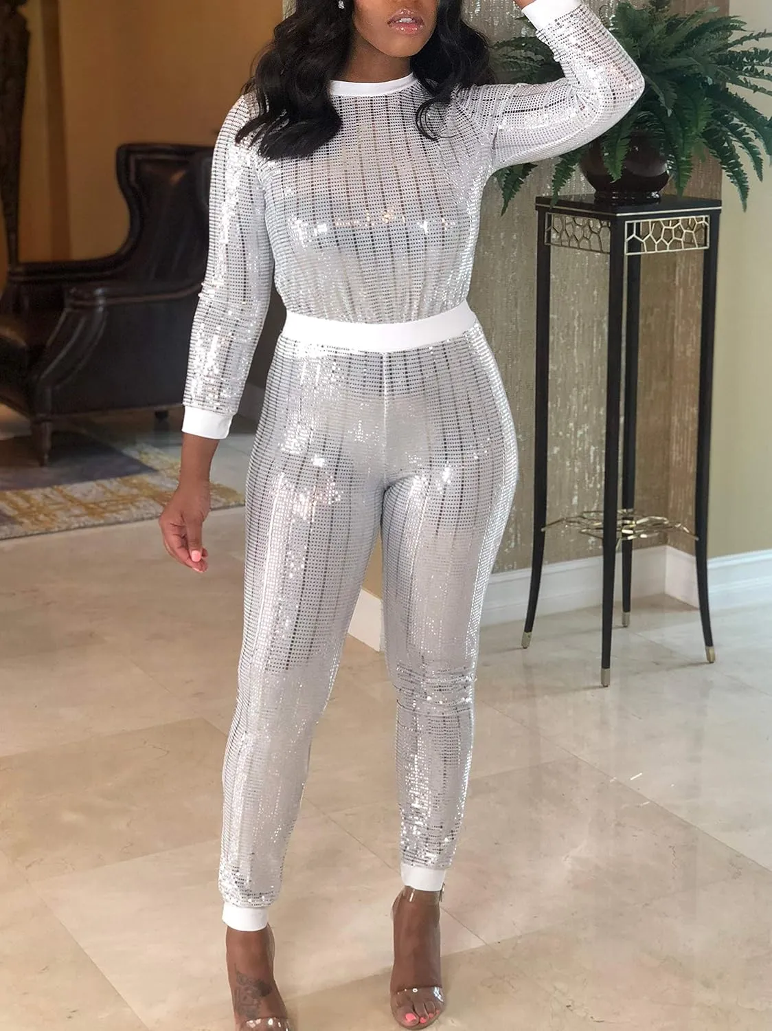 EOSIEDUR Womens 2 Piece Outfits & Sexy Silver Glitter Sequins & Metallic Shiny Top and Pants Set