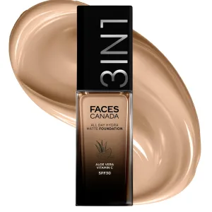FACES CANADA All Day Hydra Matte Foundation | 3-in-1 Foundation   Moisturizer   SPF 30 | 24 HR Aloe Hydration & Vitamin C | 10HR Long Wear | Medium to High Buildable Coverage | Medium Natural 022 | 25ml