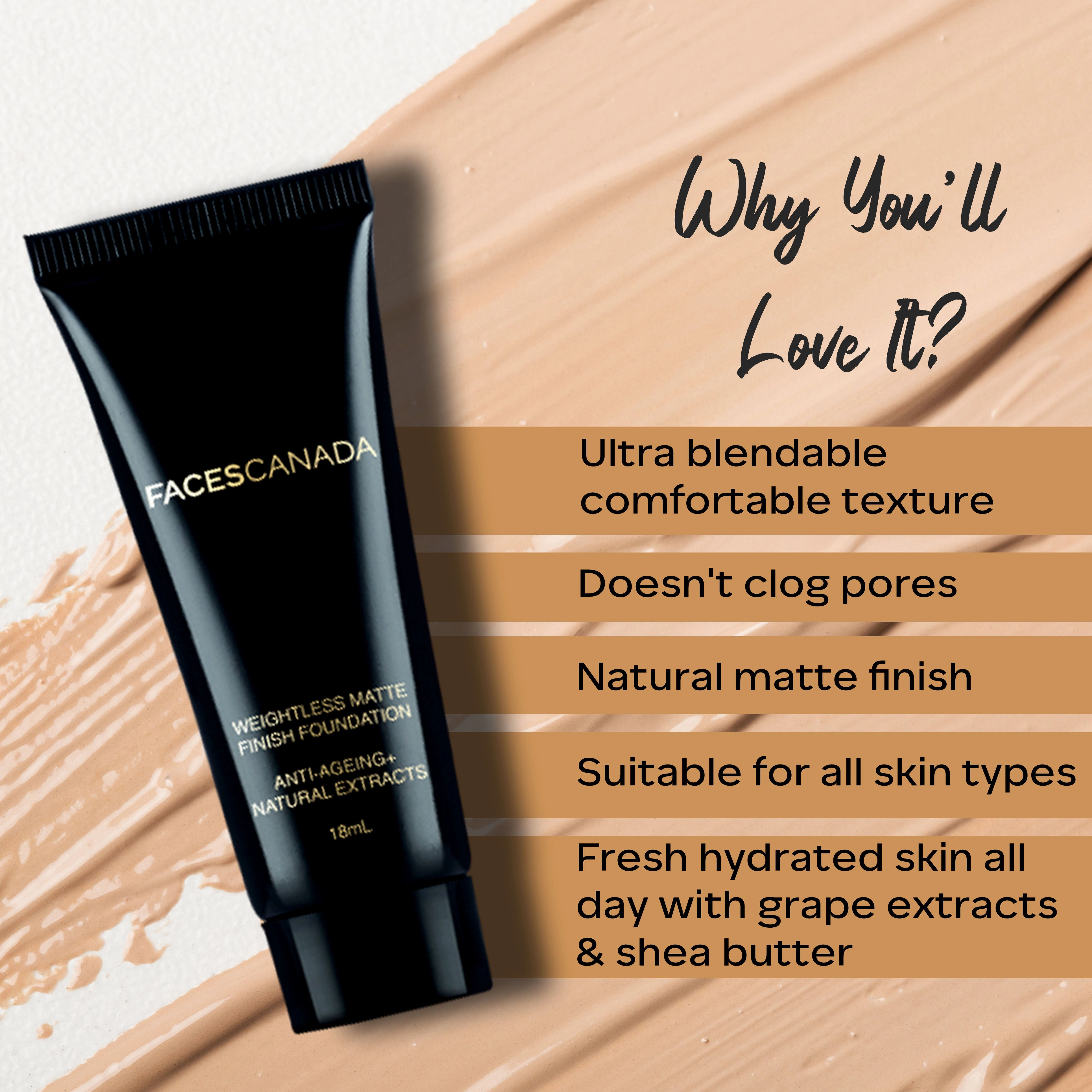 Faces Canada Weightless Matte Foundation | Grape extracts & Shea Butter |Natural Matte Finish | Dermatologically Tested | All Skin Types |Sand 18ml